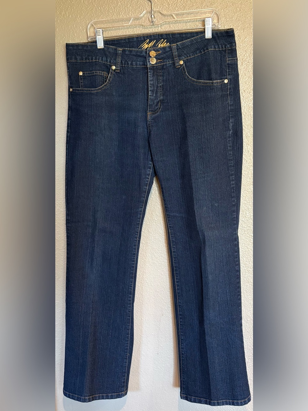 Y2K Bill Blass Dark Wash Bootcut Jeans with Gold and Rhinestone “Bling”